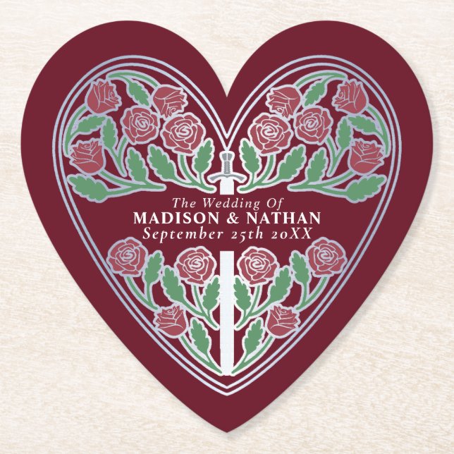 Silver Röd Kunglig Medeltida Blommig Svärd Bröllop Underlägg Papper (Framsida)