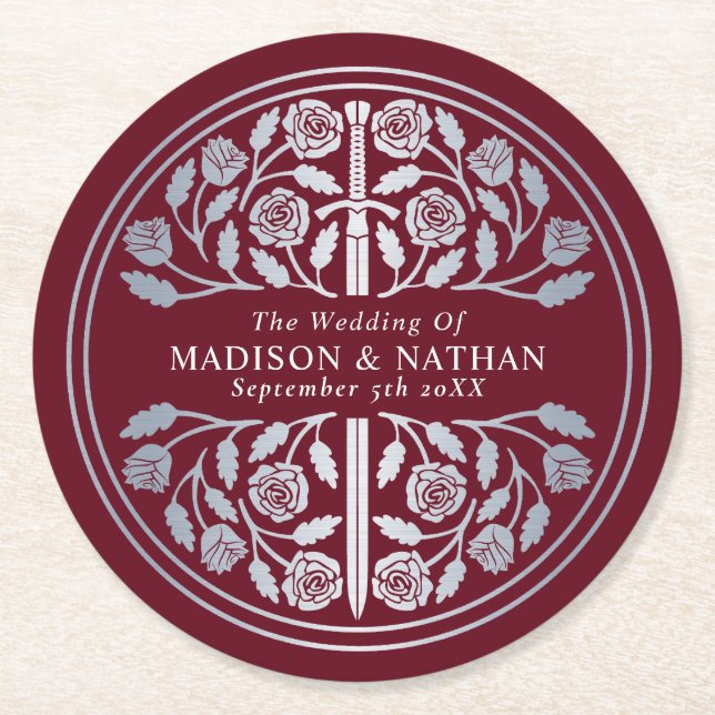 Silver Röd Kunglig Medeltida Svärd Bröllop Underlägg Papper Rund (Framsidan)