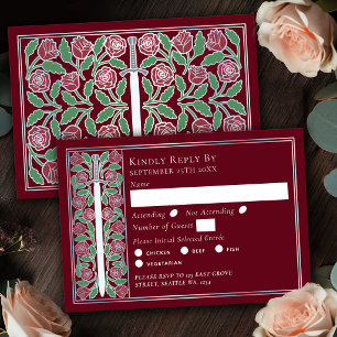 Silver Röd Medeltida Blommig Svärd Bröllop RSVP OSA Kort