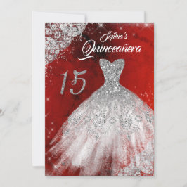 Silver röd spets diamantgnistrande Quinceanera-klä Inbjudningar