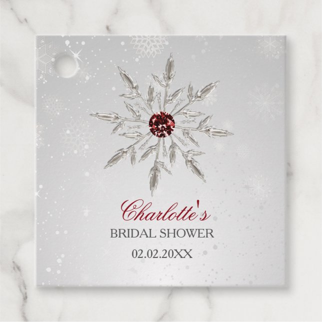 Silver Röda Snöflingor Vinter Bröllopsdusch Gåvor Etiketter (Framsida)