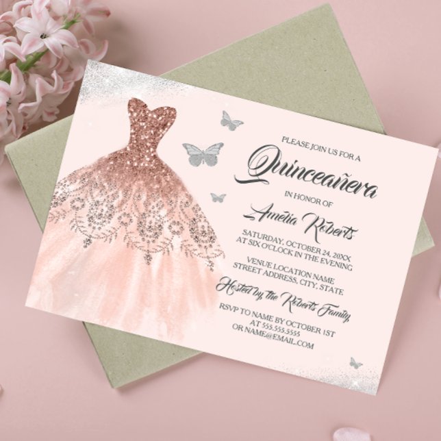 Silver Ros Guld Glitter Klänning Quinceanera Inbjudningar (Skapare uppladdad)