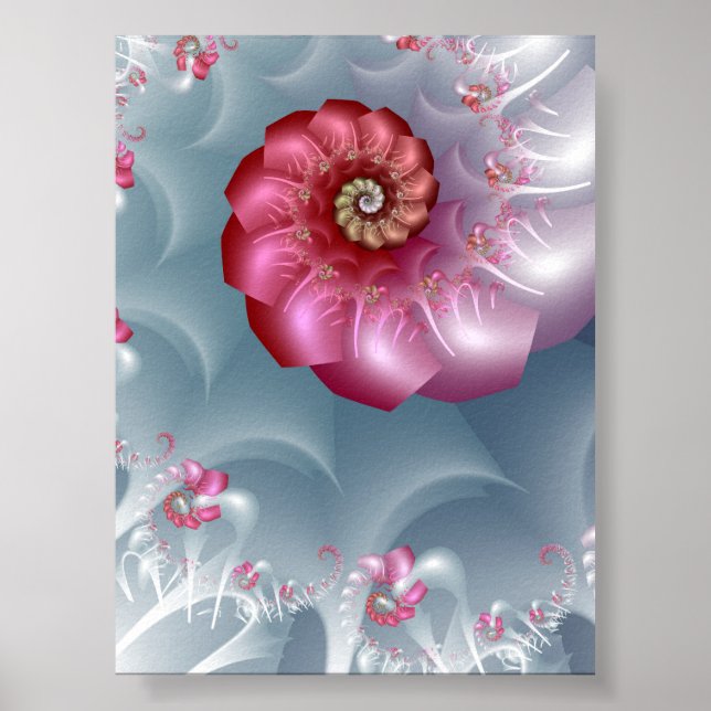 Silver Ros Spiral Fraktal i Rosa och Grått Poster (Framsidan)
