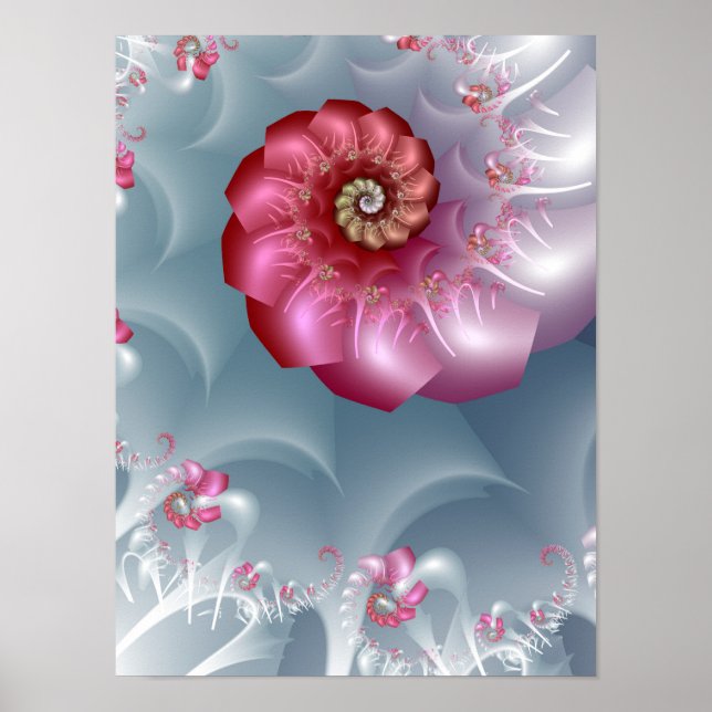 Silver Ros Spiral Fraktal i Rosa och Grått Poster (Framsidan)