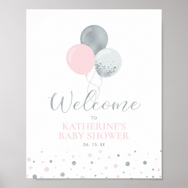 Silver & Rosa Ballonger | Flickbarns Baby Shower V Poster (Framsidan)