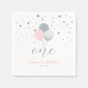 Silver & Rosa Balloons, Confetti Girl 1st Birthday Pappersservett