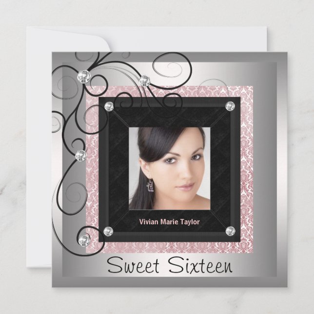 Silver Rosa Black Damask Photo Sweet 16 Party Inbjudningar (Framsida)