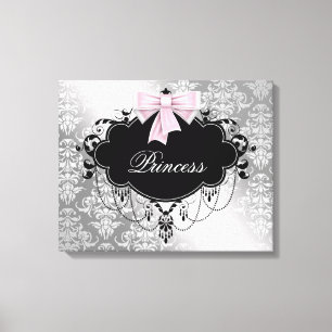 Silver Rosa Black Damask Princess Canvas