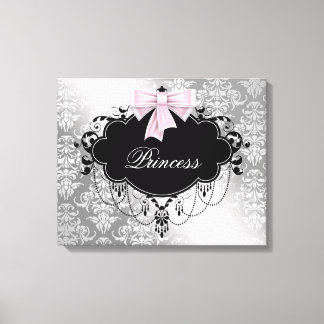 Silver Rosa Black Damask Princess Canvas
