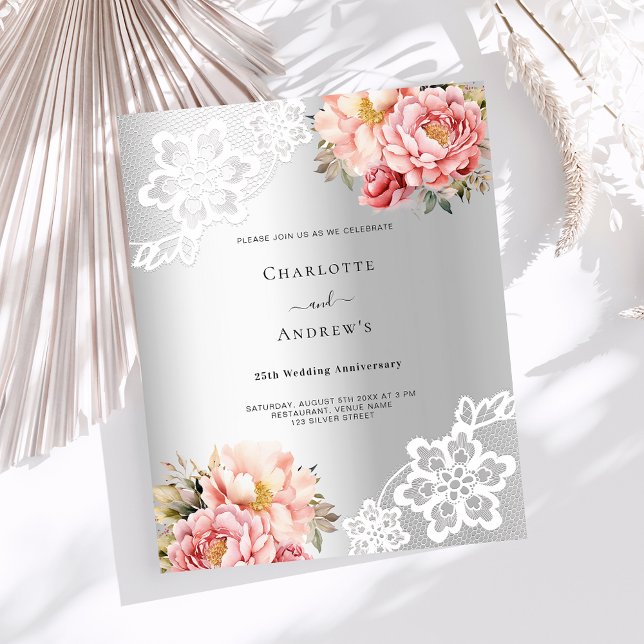 Silver rosa blommig spets 25-årsjubileum för bröll (Skapare uppladdad)