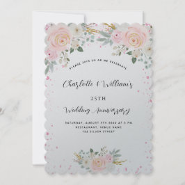 Silver rosa blommigt 25:e bröllop-årsdagen lyx inbjudningar