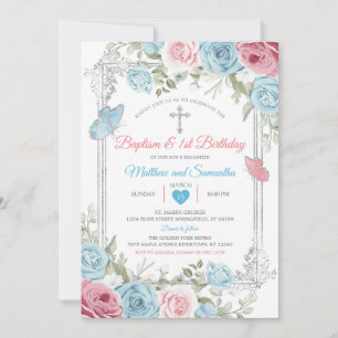 Silver Rosa Blommigt Baby blue Baptism 1:a födelse Inbjudningar