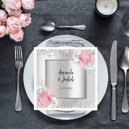 Silver rosa blommigt bröllop pappersservett
