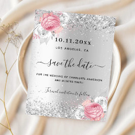Silver rosa blommigt bröllop spara datum-kort