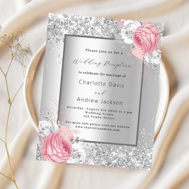 Silver rosa blommigt bröllopsinbjudan för bröllops (Skapare uppladdad)
