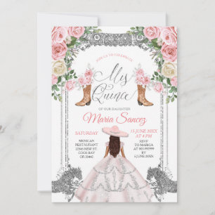Silver & Rosa Blommigt Charra Quinceanera Birthday Inbjudningar