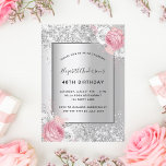 Silver rosa blommigt elegant  glamorfödelsedagskal inbjudningar<br><div class="desc">Faux silver tittar bakgrund som dekorerats med rosa och vita blommigtar,  blommor och faux silver glitter,  sparkler. Anpassa och lägg till ditt namn och information om party. Black brev.</div>