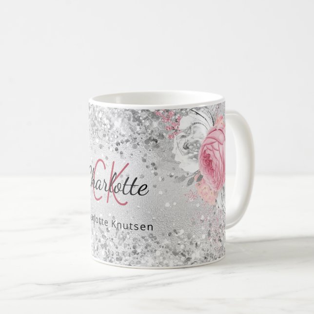 Silver rosa blommigt elegant monogram namn kaffemugg (Framsida höger)