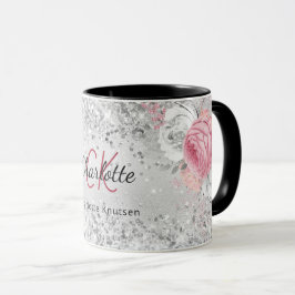 Silver rosa blommigt elegant monogram namn mugg