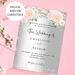 Silver rosa blommigt glitter elegant bröllop inbjudningar