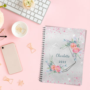 Silver rosa blommigt glitter namn anteckningsbok