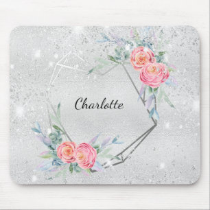 Silver rosa blommigt glitter stoft namn musmatta