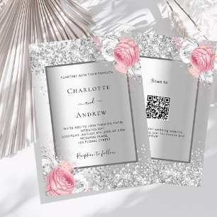 Silver rosa blommigt QR OSA lyxur bröllop Inbjudningar