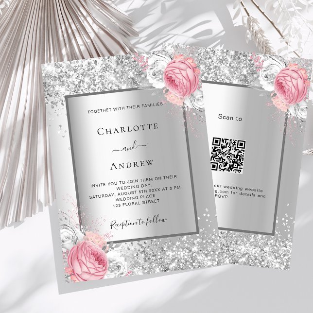 Silver rosa blommigt QR OSA lyxur bröllop Inbjudningar (Skapare uppladdad)