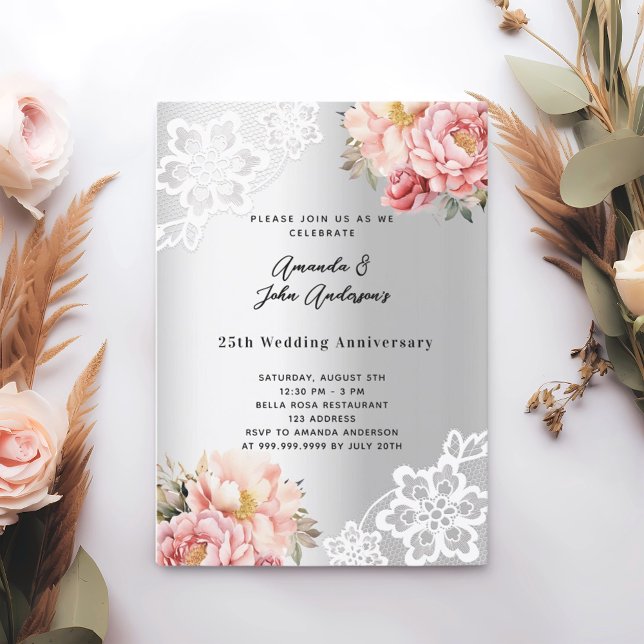 Silver rosa blommor 25-års bröllopsjubileum inbjudningar (Skapare uppladdad)