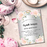 Silver rosa blommor glitter inbjudan vykort<br><div class="desc">En modern,  snyggt och glamorös 40:e (eller vilken ålder som helst) födelsedagsfest inbjudan. En faux silver tittar bakgrund med rosa faux glitter,  sparkler och  blommigtar för rosa. Namn är skrivet med ett modernt handskript i stil. Anpassa och lägg till information.</div>