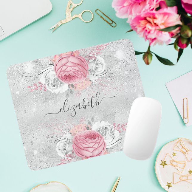 Silver rosa blommor glitter namn musmatta (Skapare uppladdad)