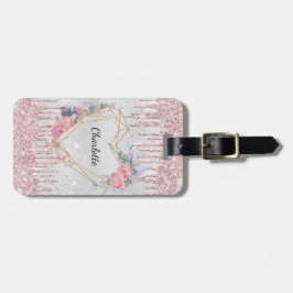 Silver rosa blommor monogram namn bagagebricka