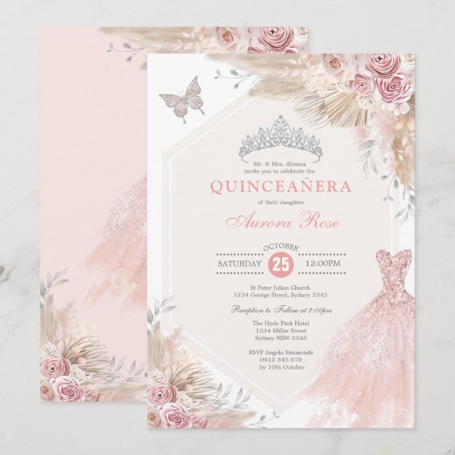 Silver  Rosa Boho Blommigt Quinceañera Birthday Inbjudningar (Fram/baksida)