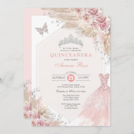Silver  Rosa Boho Blommigt Quinceañera Birthday Inbjudningar