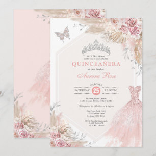 Silver Rosa Boho Blommigt Quinceañera Birthday Inbjudningar