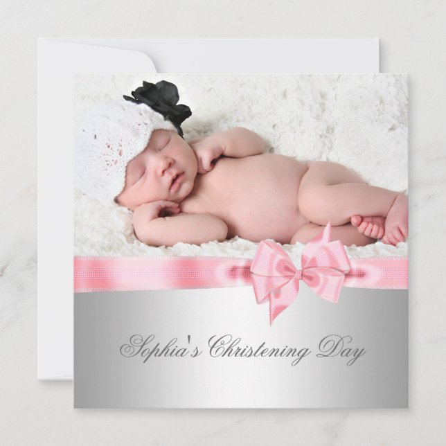 Silver Rosa Damask Bow Girl Photo Christening Inbjudningar (Framsida)