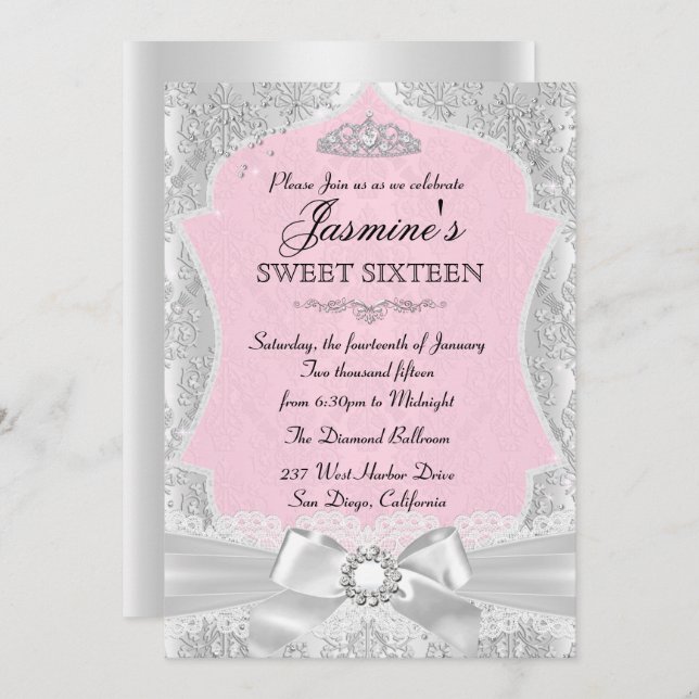Silver Rosa Damask Bow Sweet 16-inbjudan Inbjudningar (Fram/baksida)