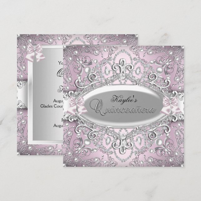 Silver & Rosa Damask Pärl Quinceanera Inbjudan (Fram/baksida)