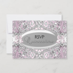 Silver & Rosa Damask Pärl Quinceanera RSVP Inbjudningar