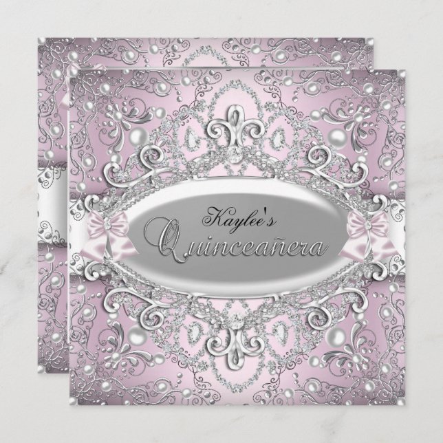 Silver & Rosa Damask Pearl Quinceanera-inbjudan Inbjudningar (Fram/baksida)