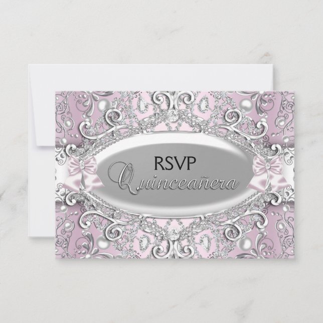Silver & Rosa Damask Pearl Quinceanera OSA Inbjudningar (Framsida)