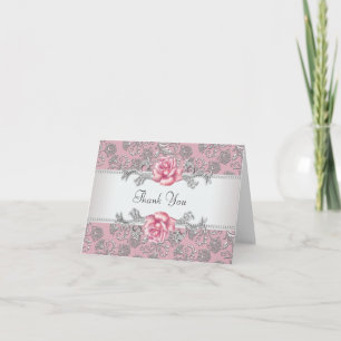 Silver Rosa Damask Tacksamhetskort Tack Kort
