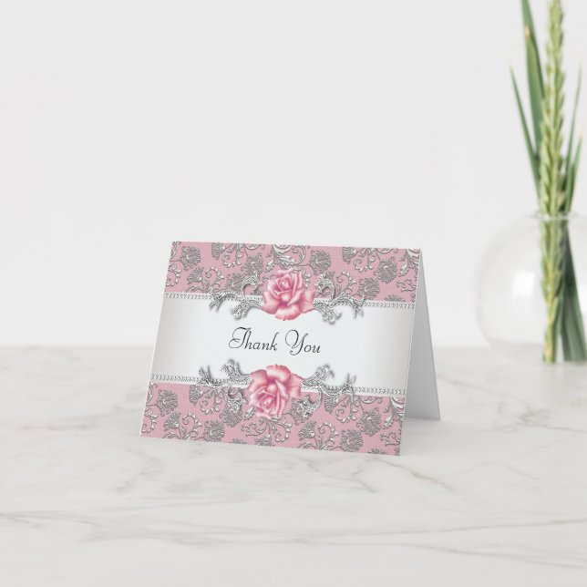 Silver Rosa Damask Tacksamhetskort Tack Kort (Framsida)
