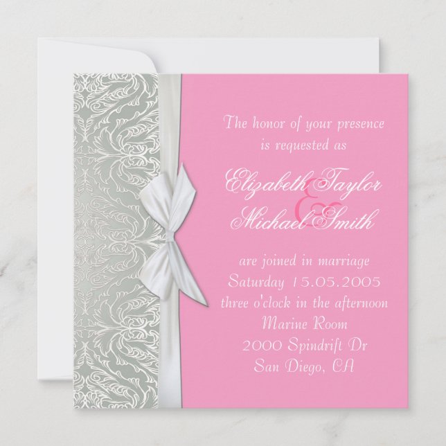 Silver/Rosa Damask Wedding Inbjudan (Framsida)