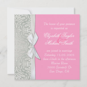 Silver/Rosa Damask Wedding Inbjudan