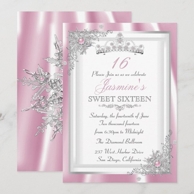 Silver Rosa Diamant Snöflinga Tiara Sweet 16 Inbjudningar (Fram/baksida)