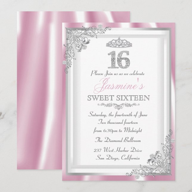 Silver Rosa Diamond Damask & Tiara Sweet 16 Inbjud Inbjudningar (Fram/baksida)