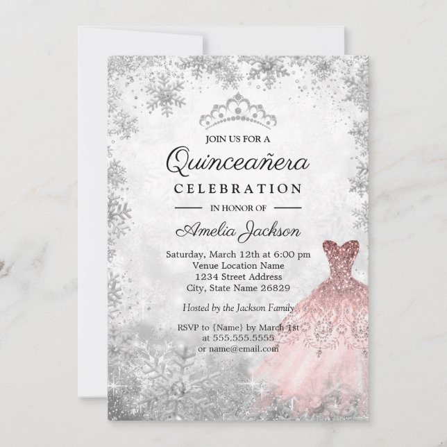 Silver Rosa Dress Snöflingor Winter Quinceanera Inbjudningar (Framsida)