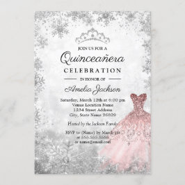 Silver Rosa Dress Snöflingor Winter Quinceanera Inbjudningar