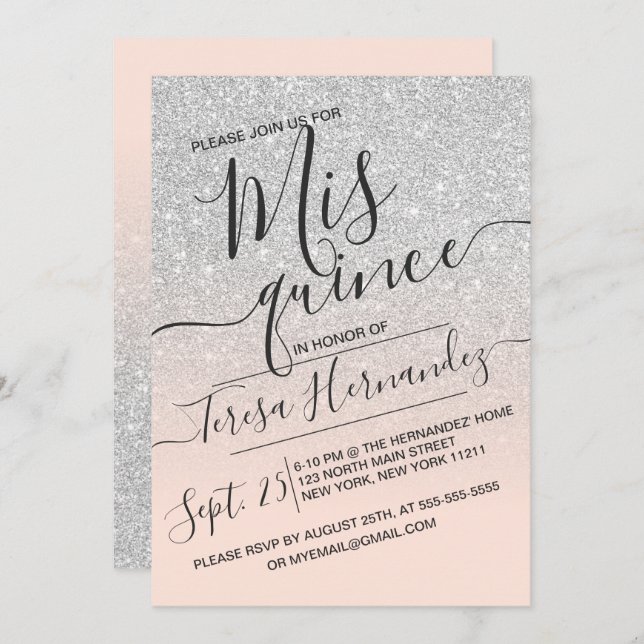 Silver Rosa Fals Glittrig Glitter Ombre Quinceañer Inbjudningar (Fram/baksida)